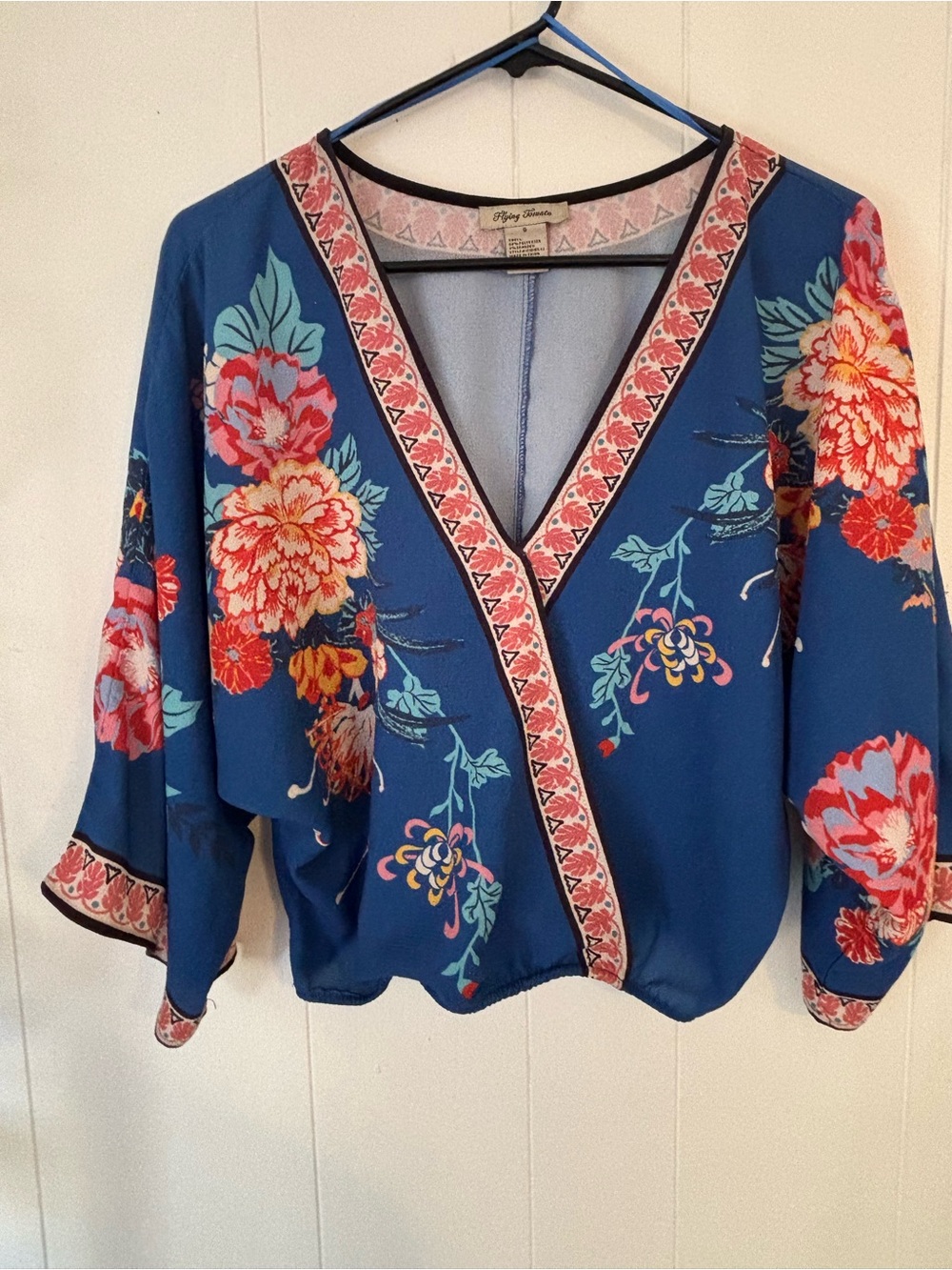 Flying Tomato Blue Floral Wrap Blouse with Coral Trim
